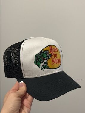 Bass Pro Shops Black & White Trucker Hat with Green Fish Patch